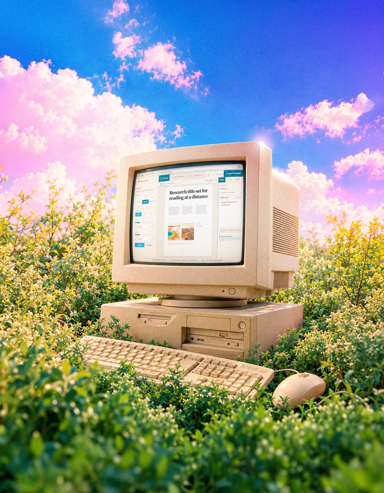 A vintage desktop computer displaying Grid Library among green plants beneath a bright blue and pink sky.
