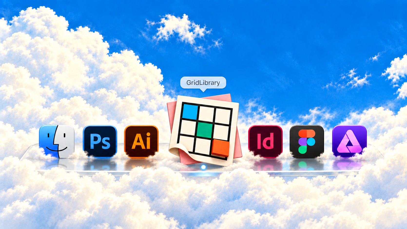 Grid Library selected in a desktop application dock surrounded by creative tools above clouds.