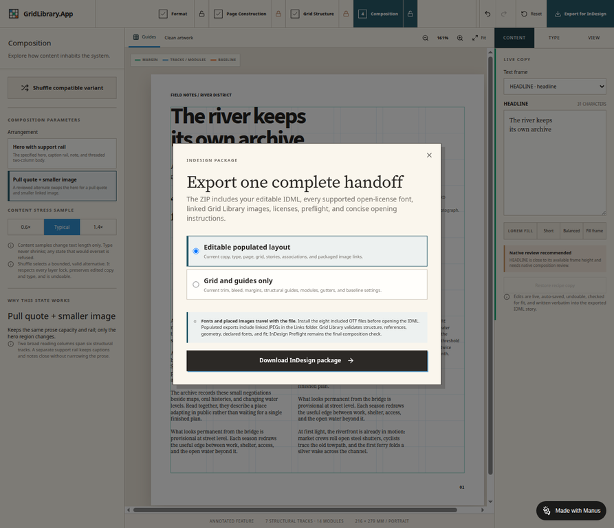 Grid Library's Export for InDesign dialog showing editable populated layout and grid-and-guides export options.
